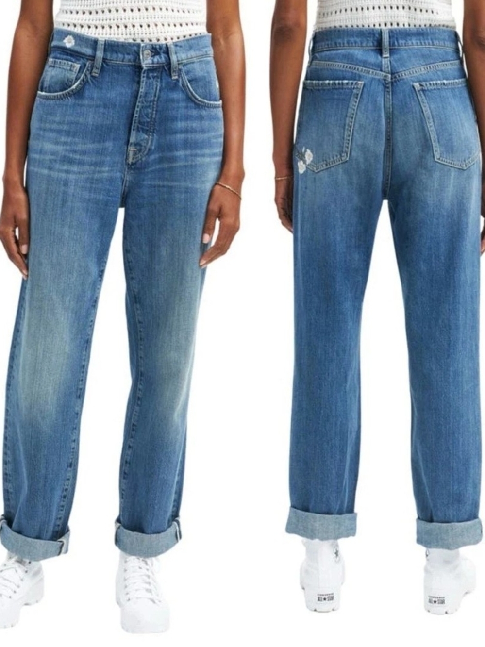 7 For All Mankind Women's Size 31 Floral Embroidered Straight Leg Jeans